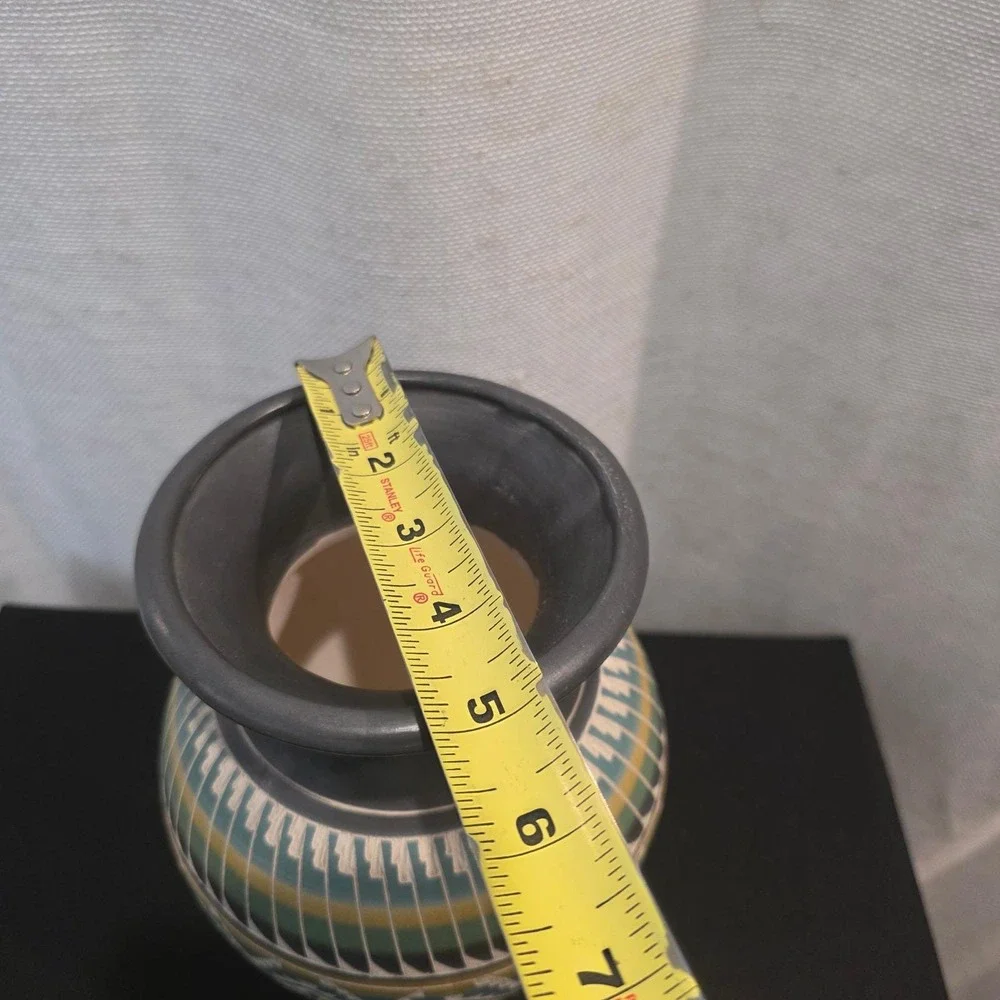 S Dennison Navajo Dine Etched Sgraffito Pottery Vase Grey Green Yellow 7.25